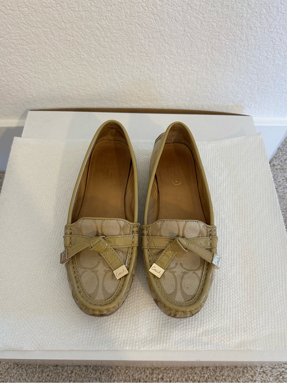 Coach Tan Signature Canvas Bow Loafers